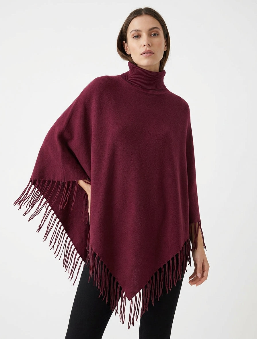 Poncho oversize col roulé - Lie de vin
