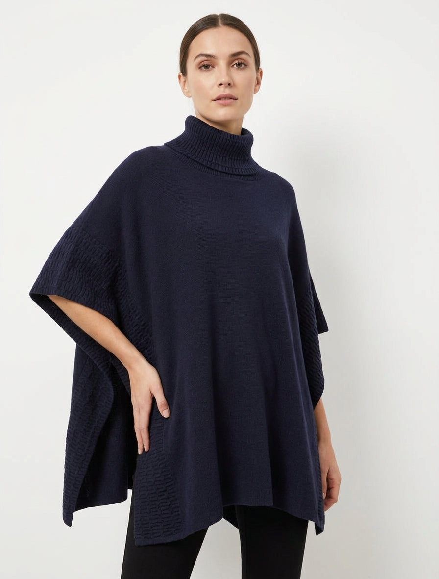 Poncho maille fantaisie à boutons - Marine
