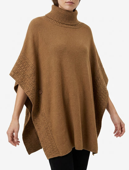 Poncho en maille à col roulé et boutons - Camel