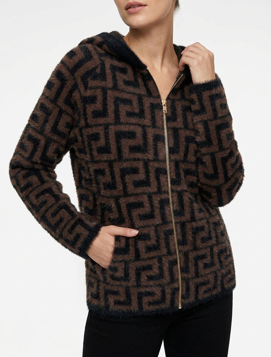 Sweat à capuche zippé imprimé graphique - Marron