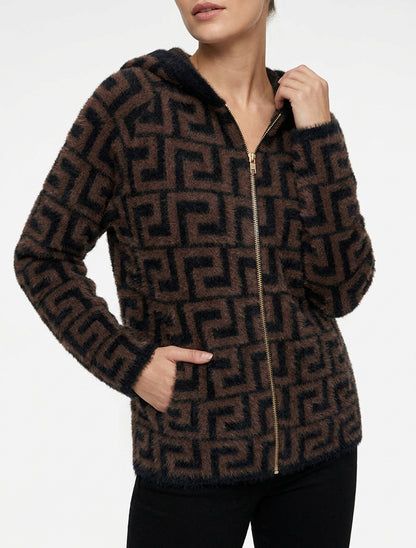 Sweat à capuche zippé imprimé graphique - Marron