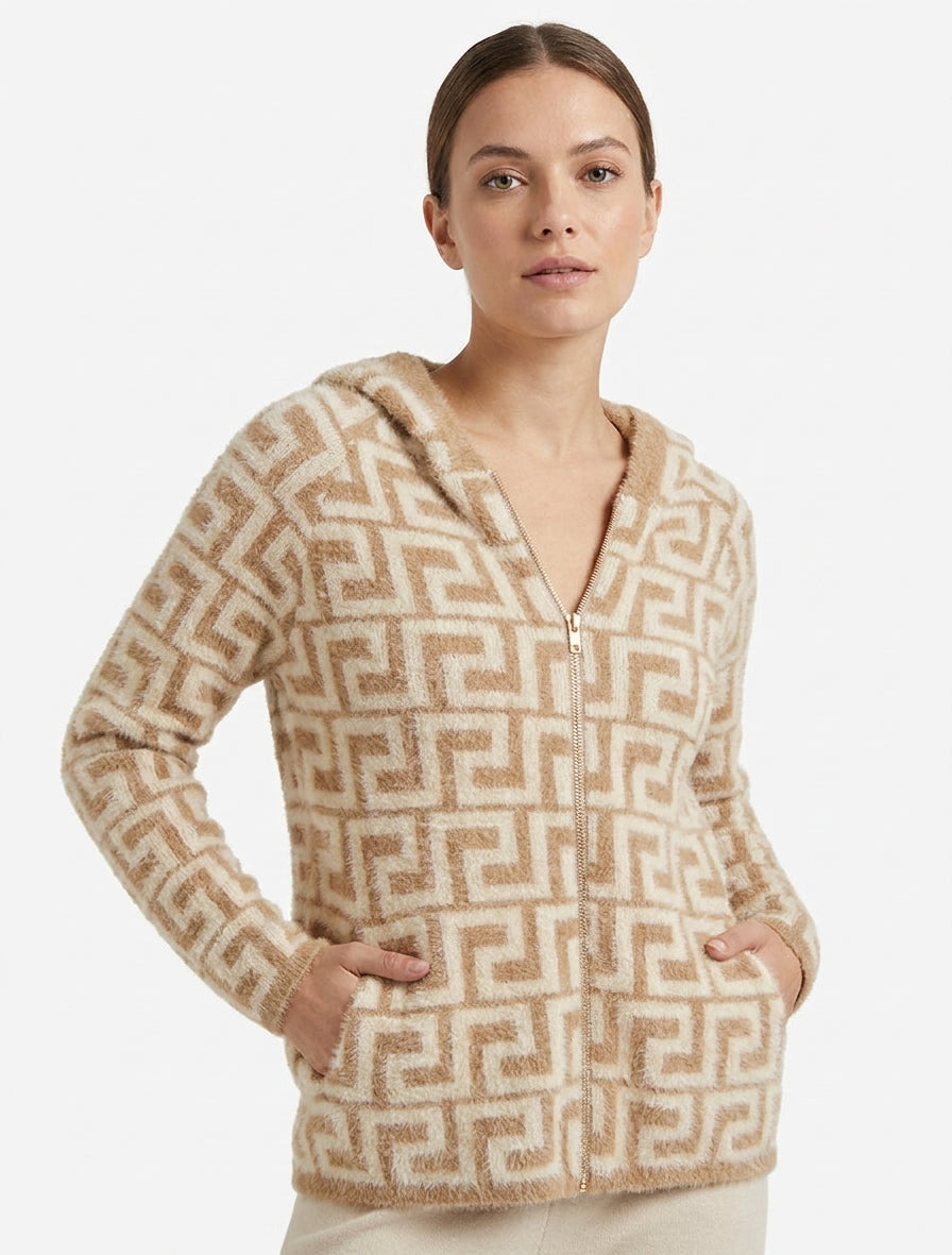 Sweat à capuche zippé en maille duveteuse - Camel