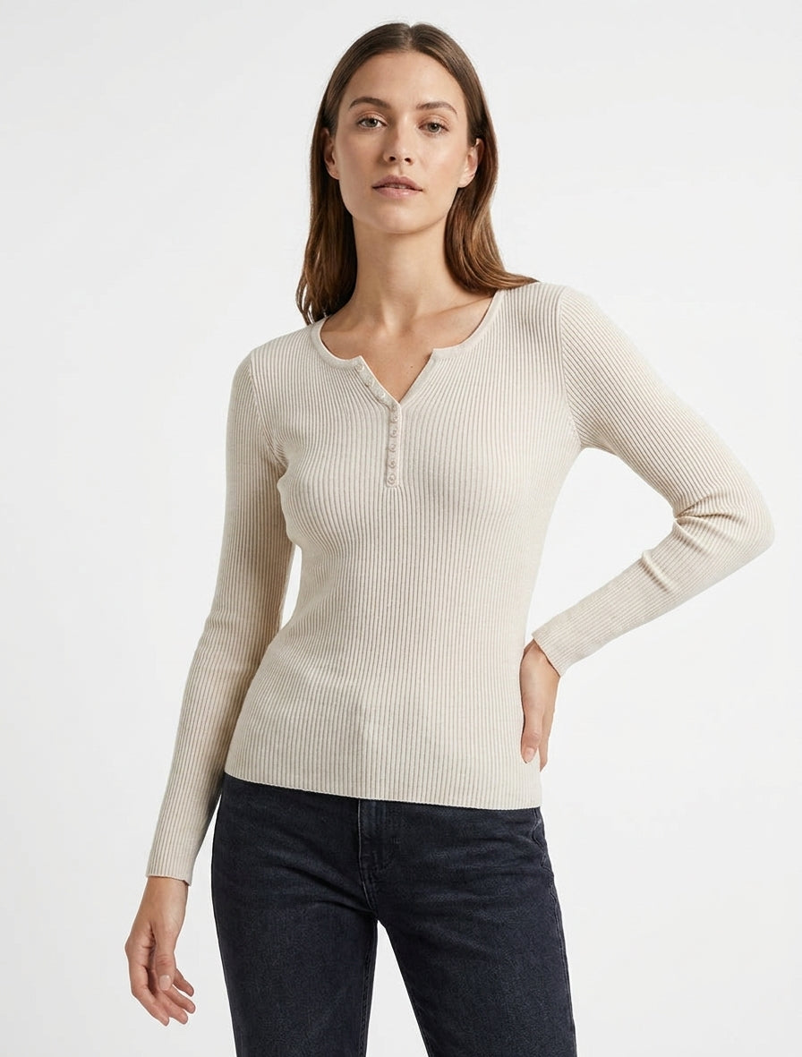 Pull côtelé à col tunisien boutonné - Beige