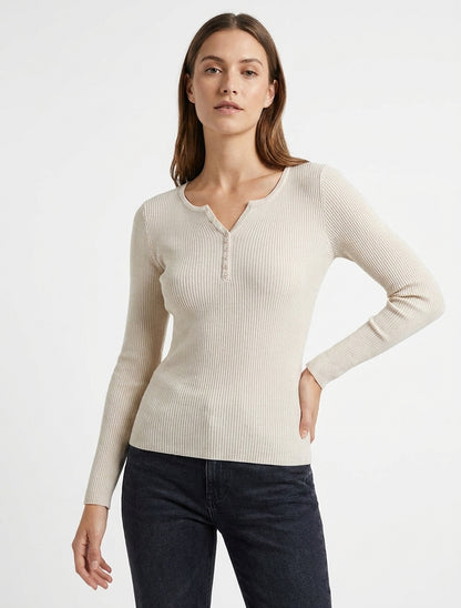 Pull côtelé à col tunisien boutonné - Beige