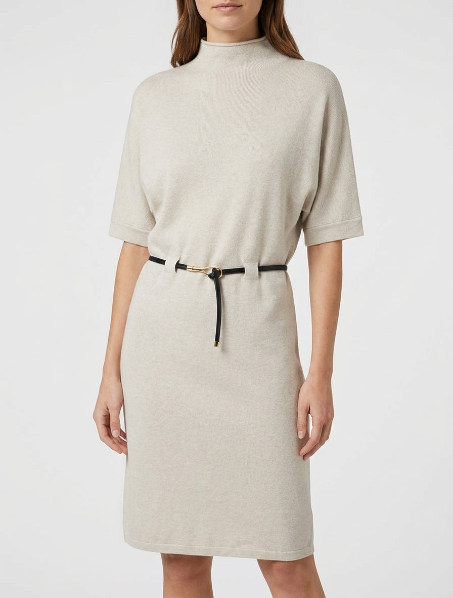 Robe pull col montant ceinturée - Beige