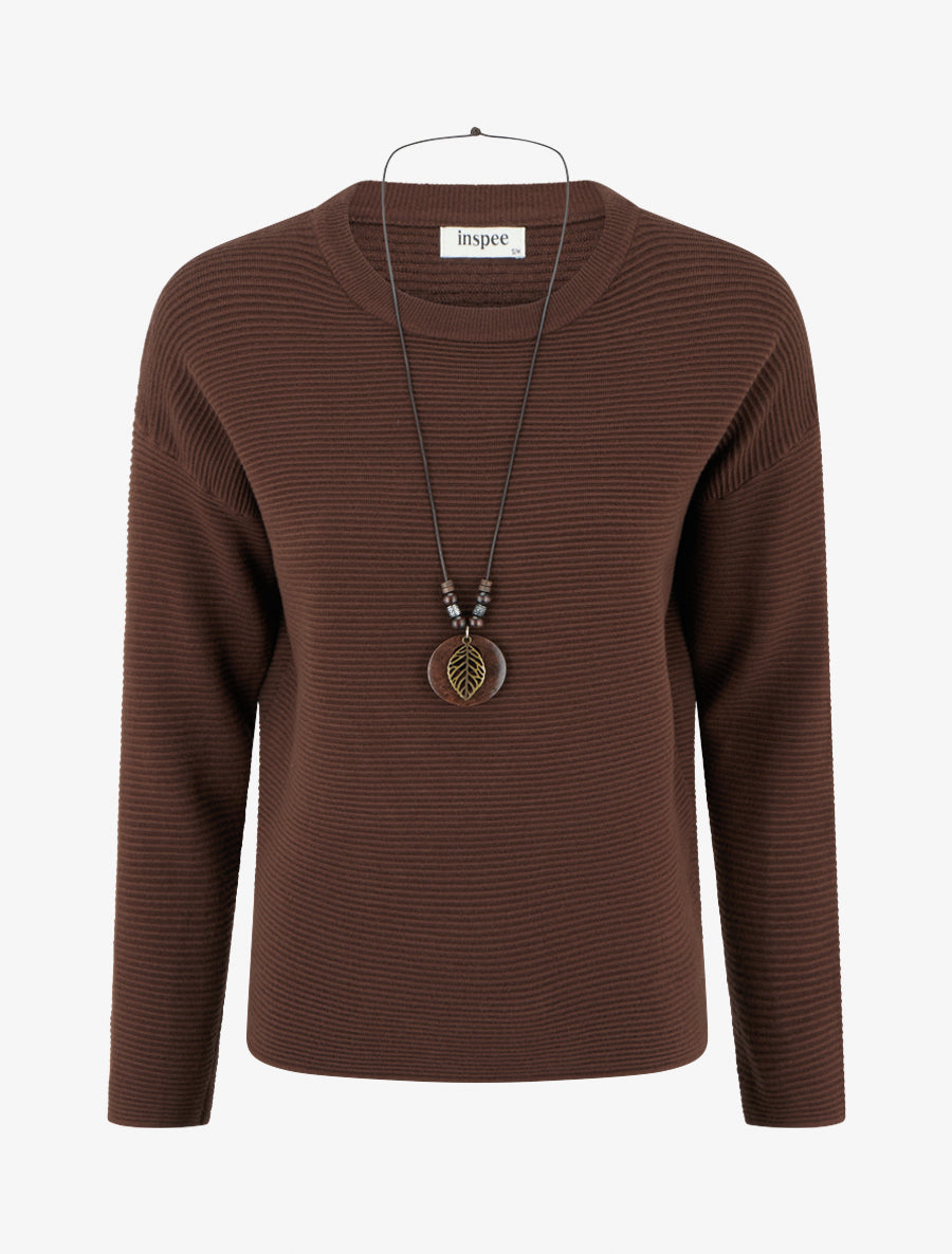 Pull droit en maille côtelée - Marron - 1