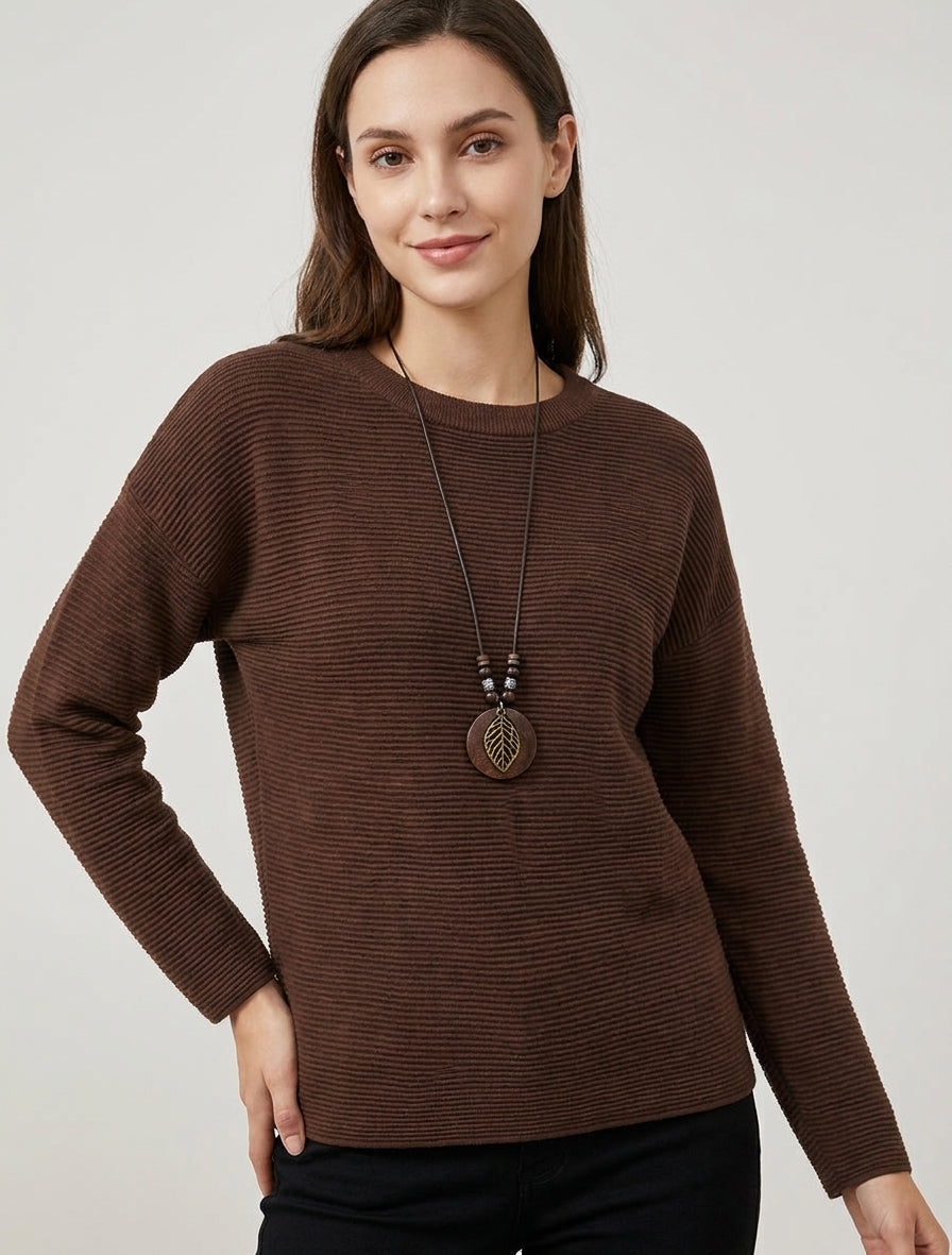 Pull droit col rond en maille - Marron