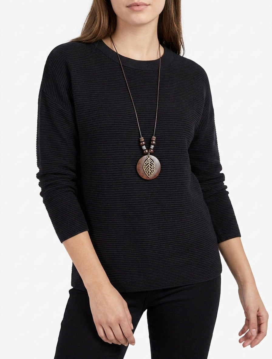 Pull droit col rond en maille côtelée - Noir
