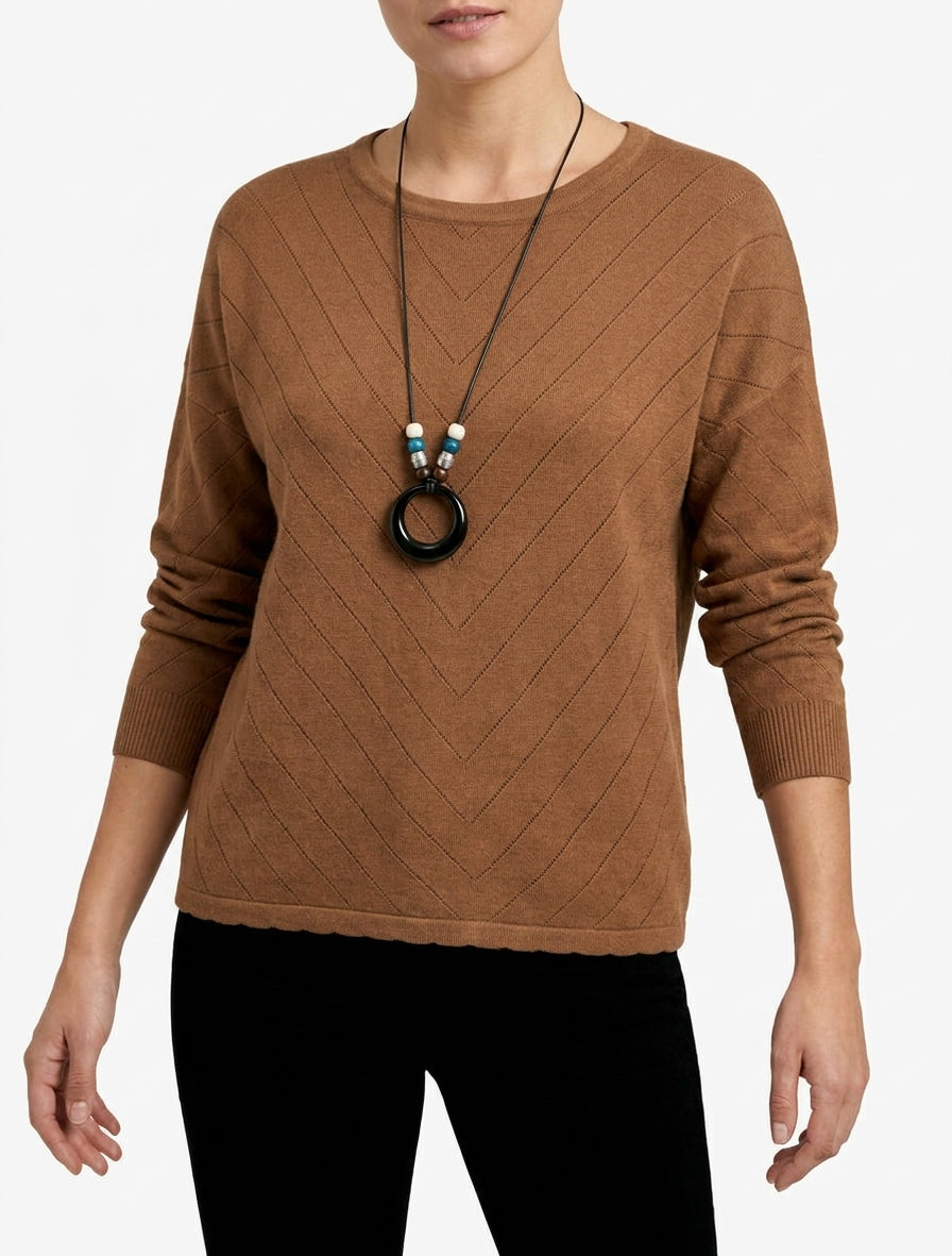 Pull droit maille V effet dentelé - Camel