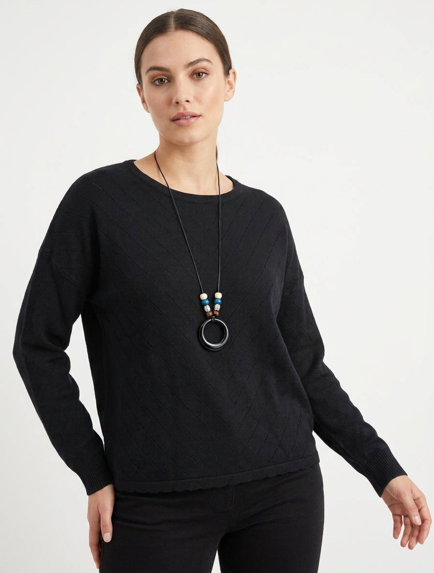 Pull droit maille effet dentelé - Noir