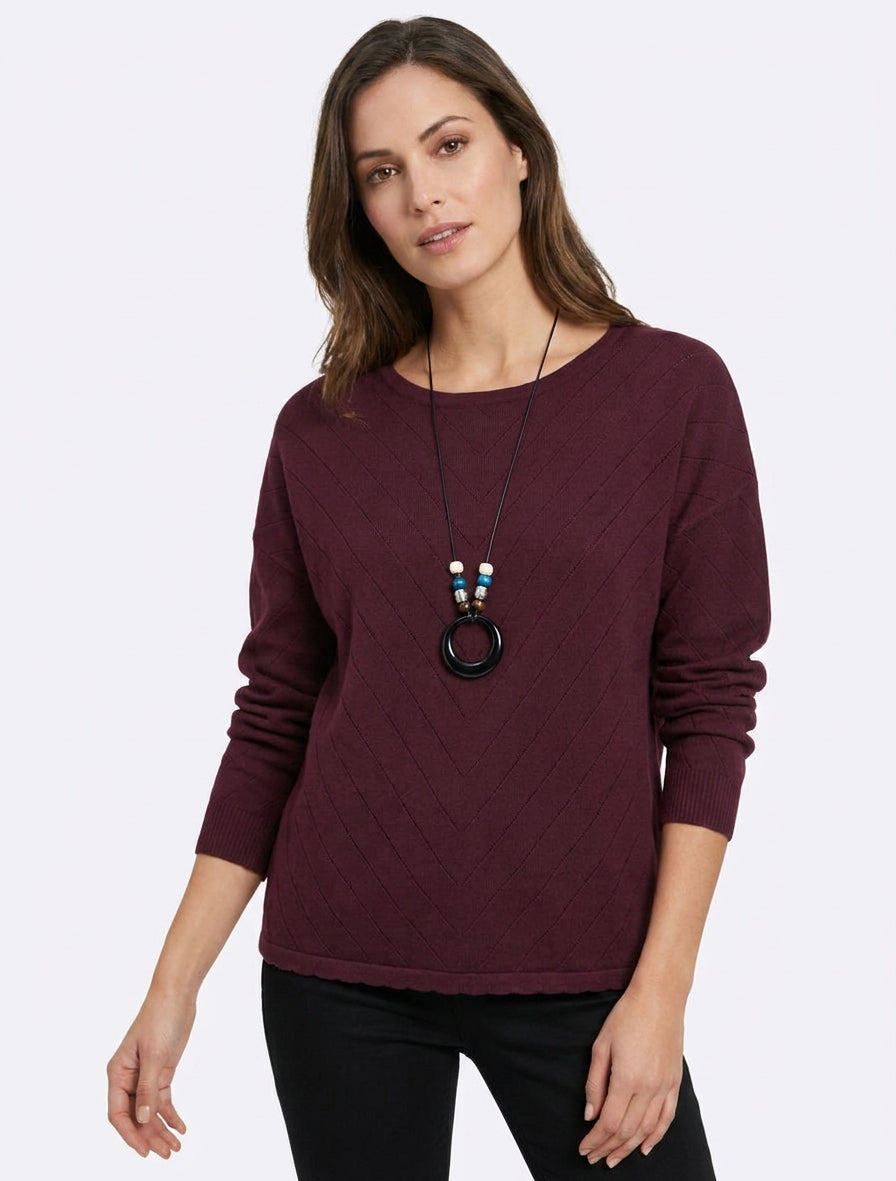Pull droit maille V à bords dentelés - Lie de vin
