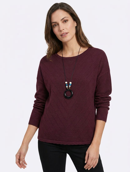 Pull droit maille V à bords dentelés - Lie de vin