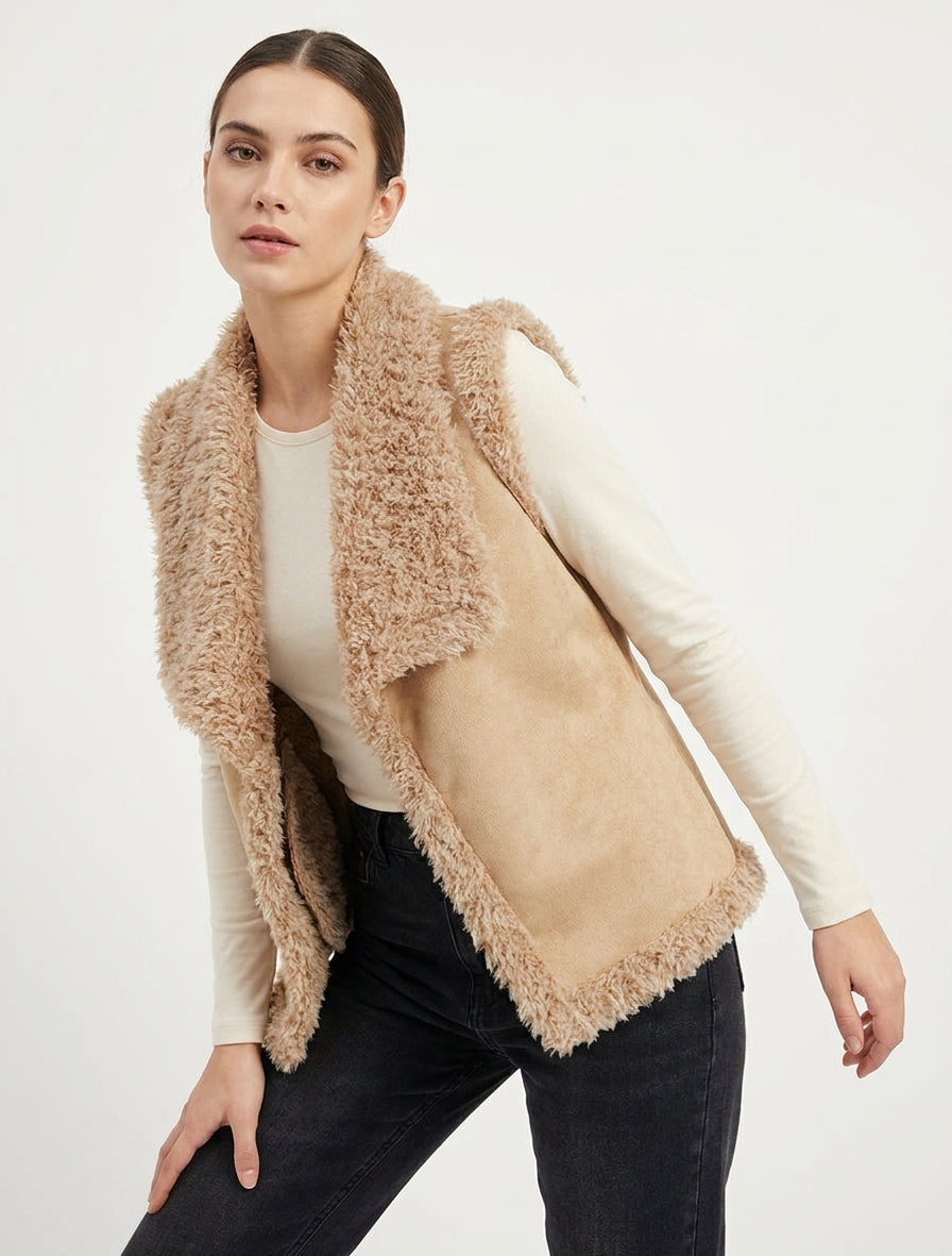Veste sans manches col rabat - Beige