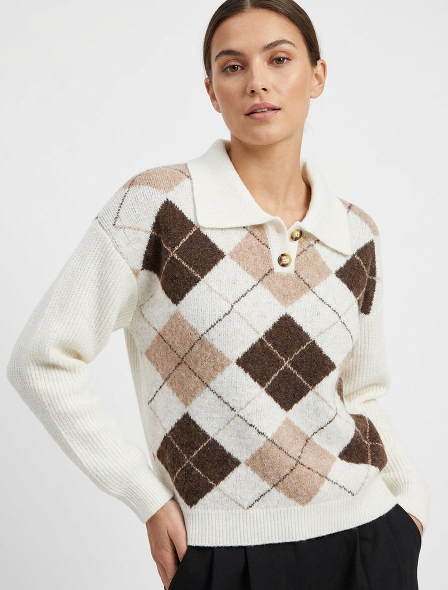 Pull carreaux à patte boutonnée - Blanc