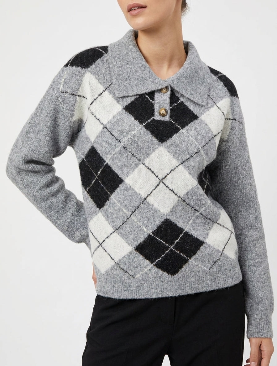 Pull carreaux patte boutonnage - Gris