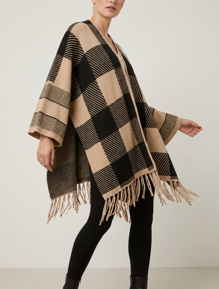 Poncho ouvert à franges - Beige