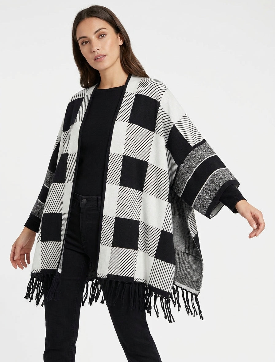 Poncho graphique à bords frangés - Blanc