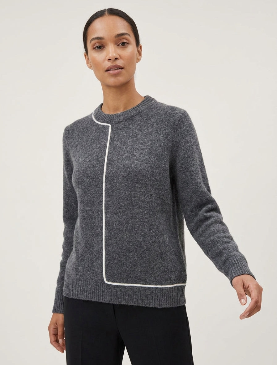 Pull laine mélangée bords côtelés - Gris
