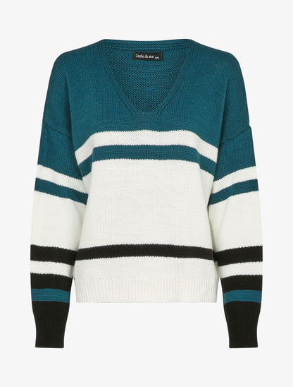 Pull à col V et motif rayé - Bleu - 4