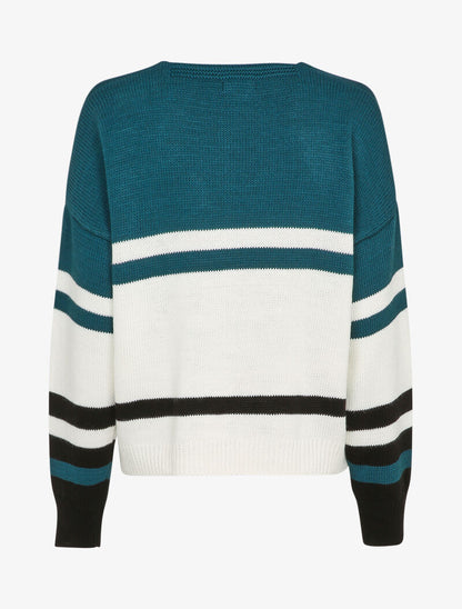 Pull à col V et motif rayé - Bleu - 2