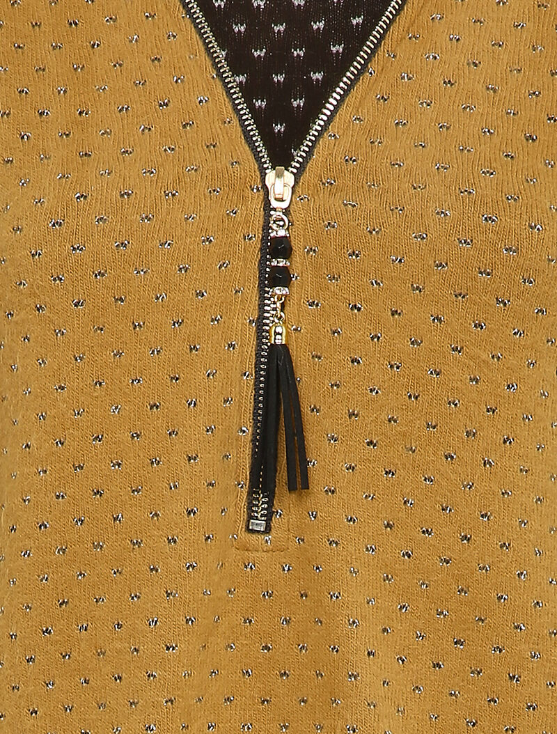 Pull à col V zippé en voile superposé - Camel - 3