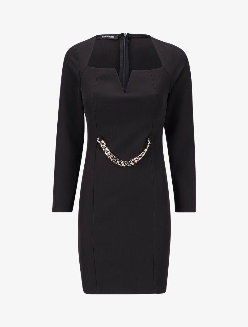 Robe ajustée à col fendu et détail chaîne - Noir - 1