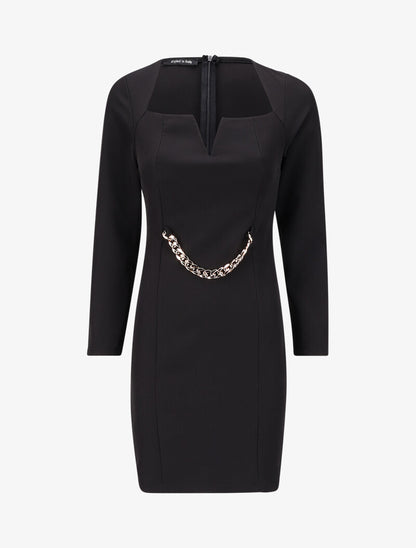 Robe ajustée à col fendu et détail chaîne - Noir - 1
