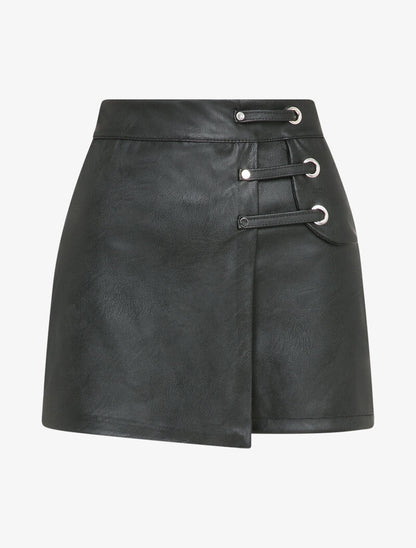 Jupe short en simili à détail lanières - Noir - 1