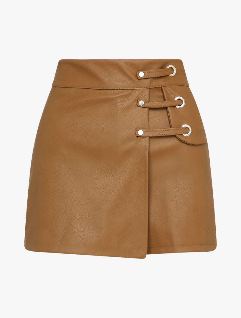 Jupe short en simili à détail lanières - Camel - 4