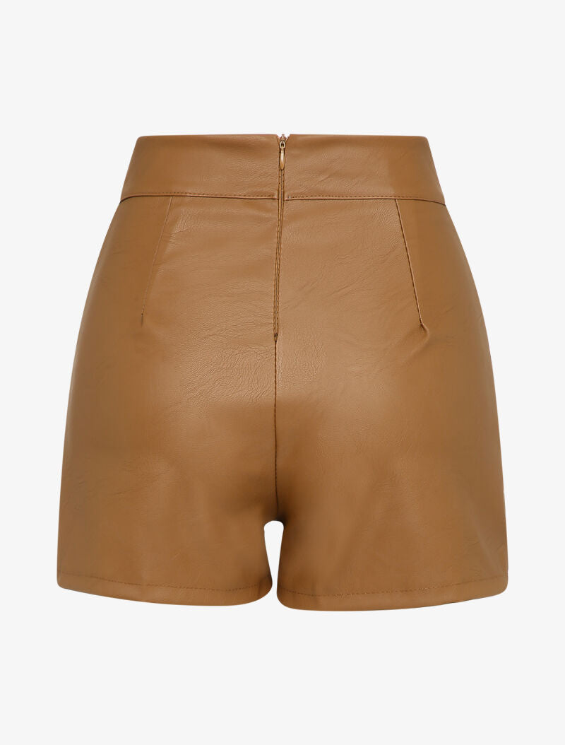 Jupe short en simili à détail lanières - Camel - 2