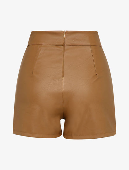Jupe short en simili à détail lanières - Camel - 2