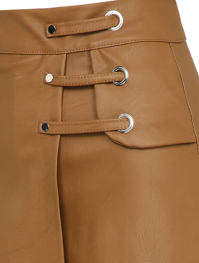 Jupe short en simili à détail lanières - Camel - 3