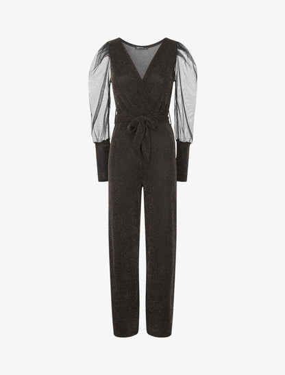 Combinaison flare à manches en tulle - Or - 1