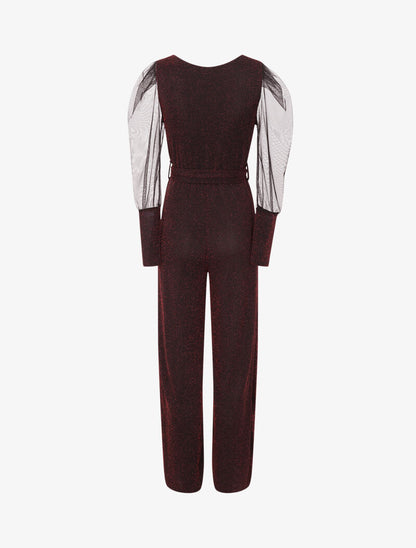 Combinaison flare à manches en tulle - Bordeaux - 2