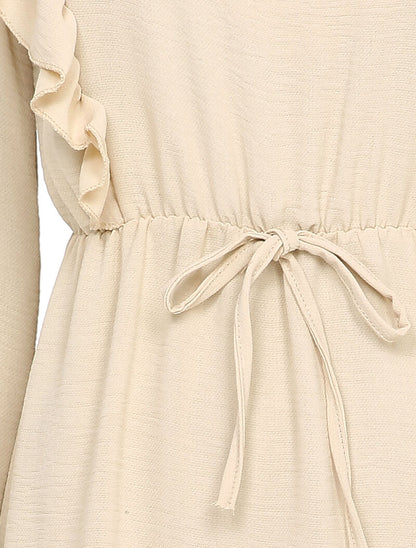 Robe patineuse à épaules et bords volantés - Beige - 3