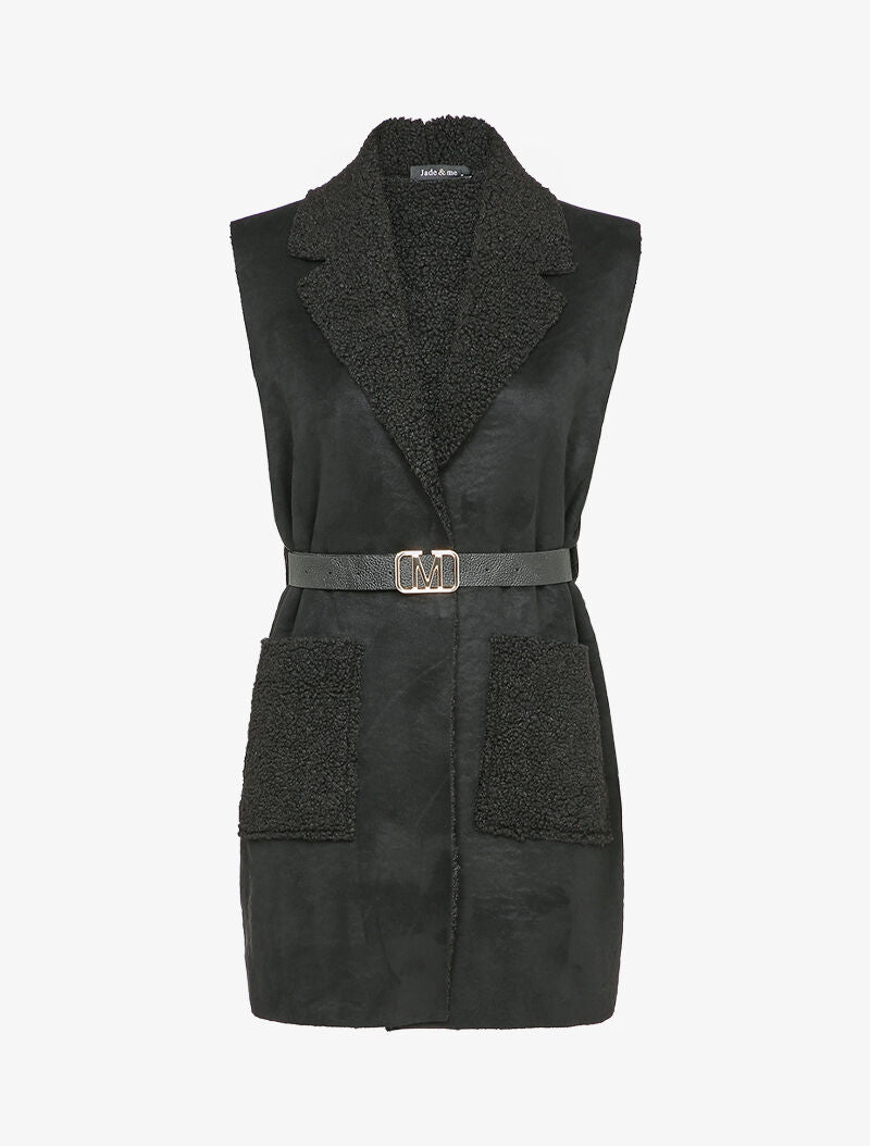 Veste sans manches style peau lainée - Noir - 4