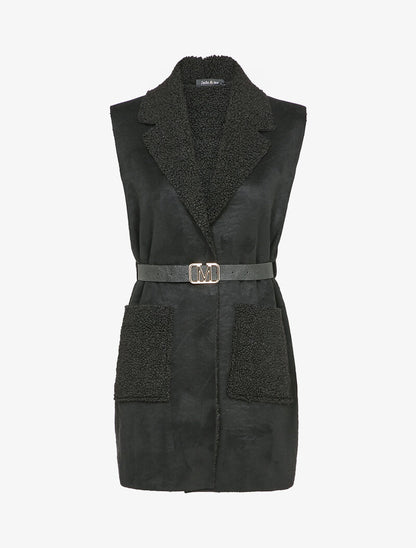 Veste sans manches style peau lainée - Noir - 4