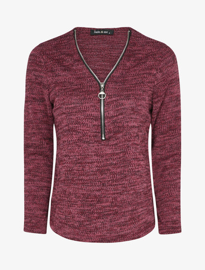 Pull à col V zippé - Bordeaux - 1