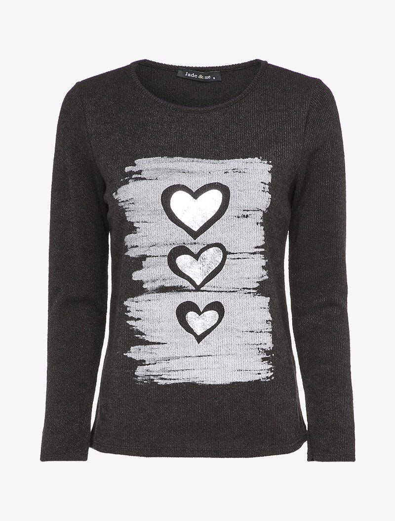 Pull à flocage coeurs lamés - Noir - 1
