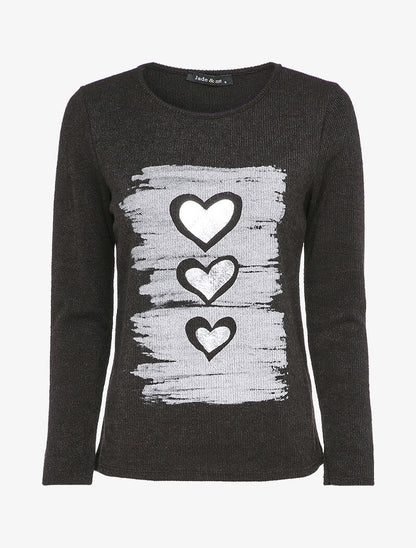 Pull à flocage coeurs lamés - Noir - 1