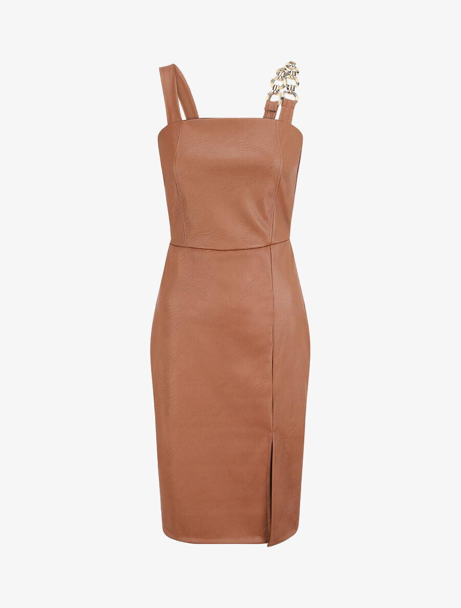 Robe droite en simili à bretelle stylisée - Camel - 1