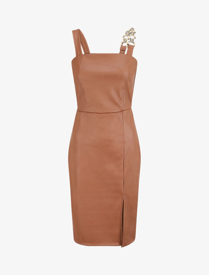 Robe droite en simili à bretelle stylisée - Camel - 1