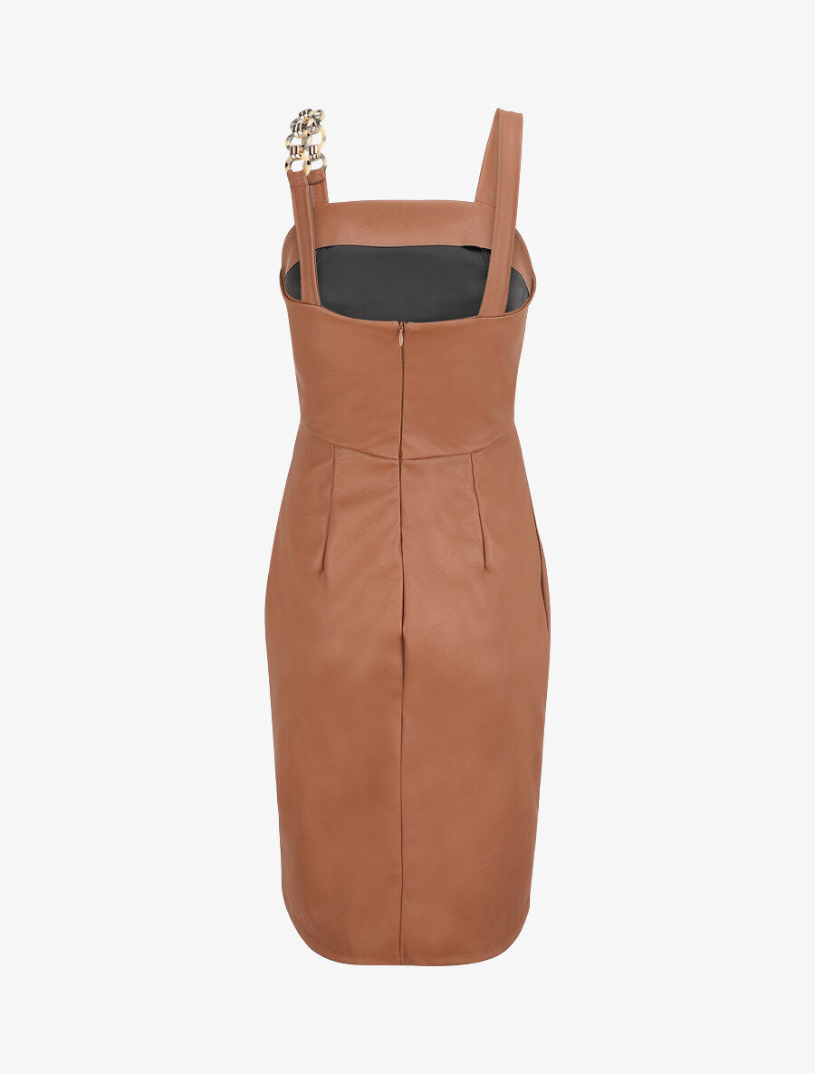 Robe droite en simili à bretelle stylisée - Camel - 2