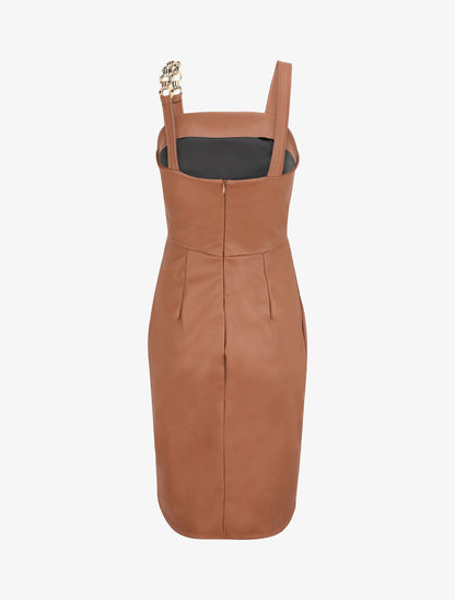 Robe droite en simili à bretelle stylisée - Camel - 2