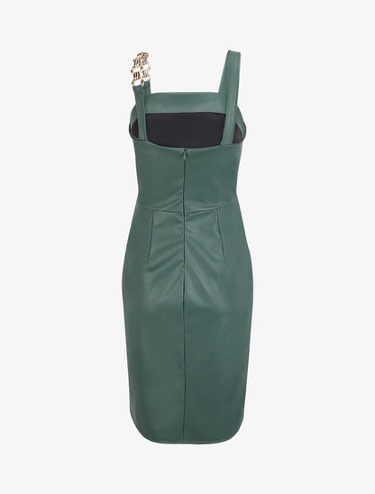 Robe droite en simili à bretelle stylisée - Vert - 2