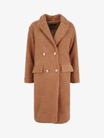 Manteau croisé effet laine bouclée - Camel - 1