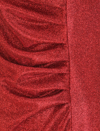 Robe pailletée à col asymétrique et détail drapé - Rouge - 3