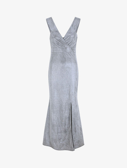 Robe longue pailletée à bretelles - Argent - 1