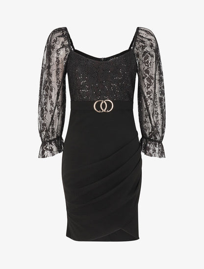 Robe drapée à buste en dentelle et sequins - Noir - 4