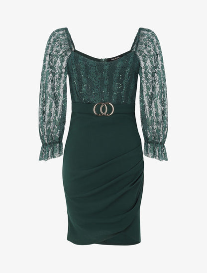 Robe drapée à buste en dentelle et sequins - Vert sapin - 1